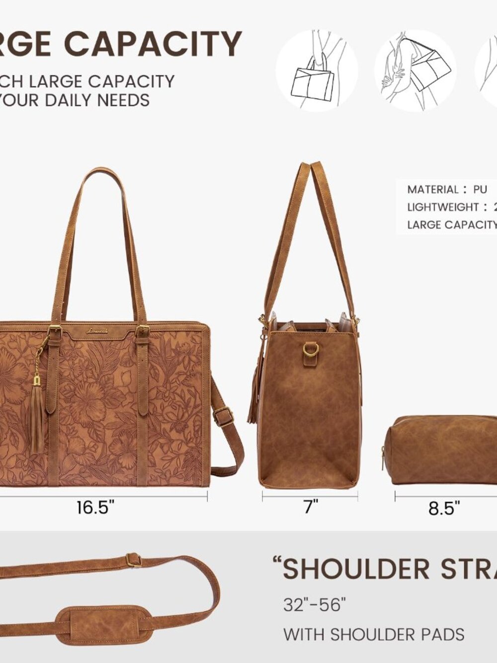 Laptop Bag for Women Vintage Leather Work Tote 15.6 inch Large Capacity Computer - Picture 3 of 8
